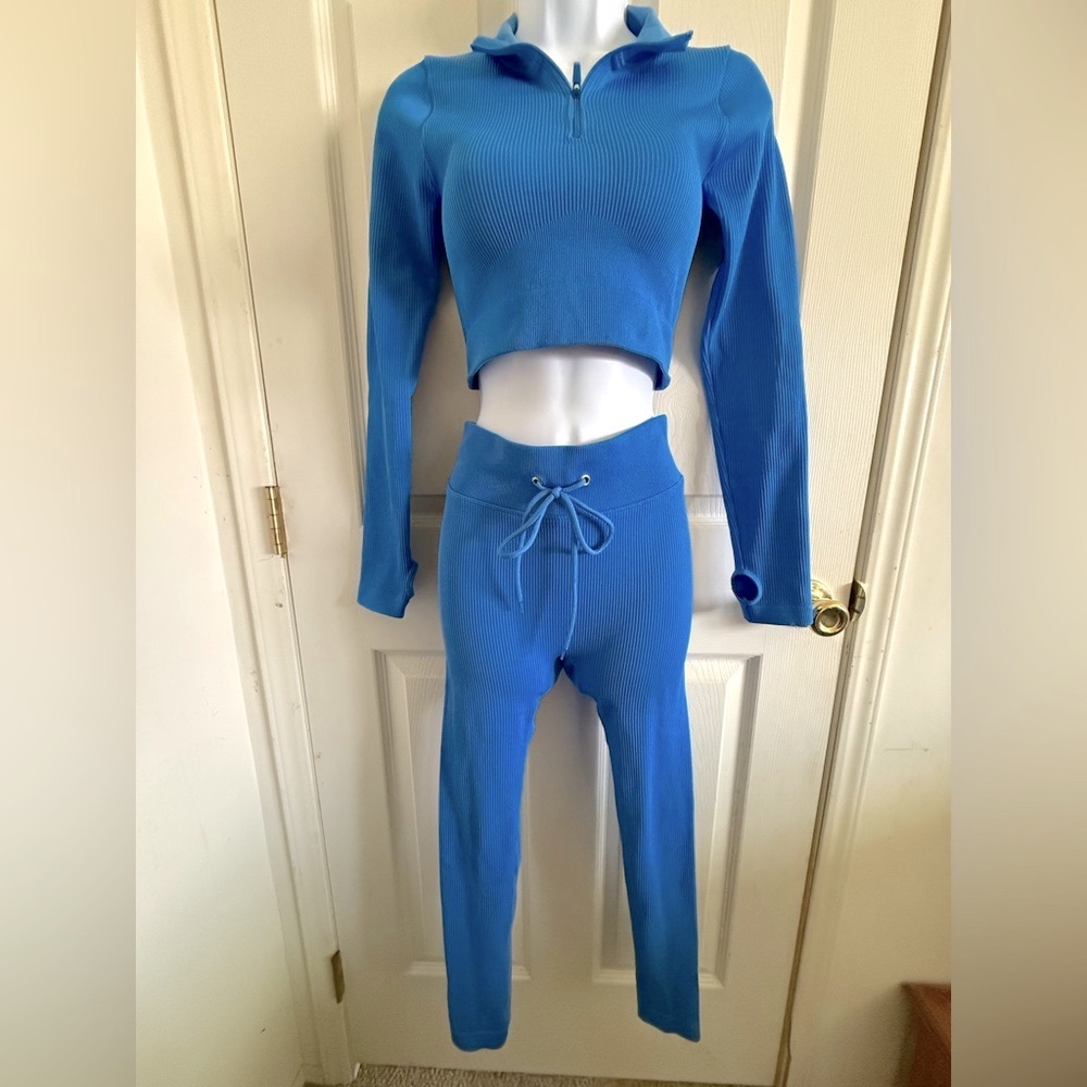 Blue High-Waisted Shape Wear Top and Track Pants with Drawstring Set